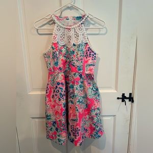Girls Lilly Pulitzer dress with lace trim.